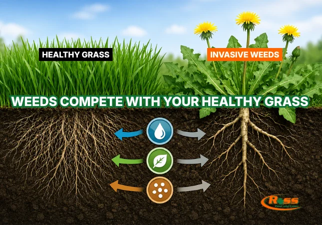 Diagram of weeds competing with healthy grass.